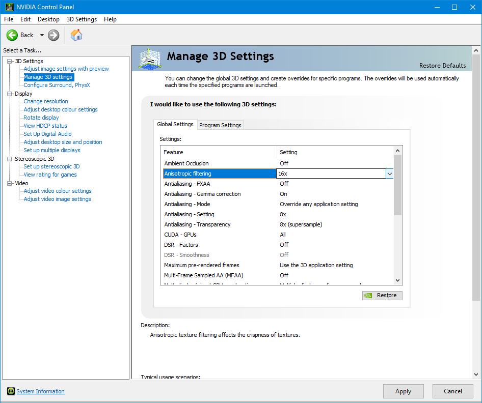 Graphics card settings